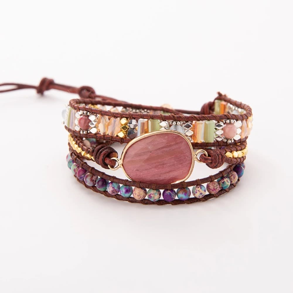 Natural Stone Bohe Bracelet Rose Stone Creative Bracelet Leather Multilayer Winding Bracelet for Women Girl Jewelry Gift